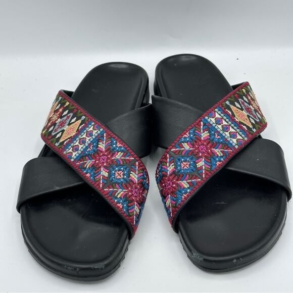 JOHNNY WAS Breatriz Embroidered Criss Cross Slide Sandal Black Sz 40/10 - Picture 3 of 9